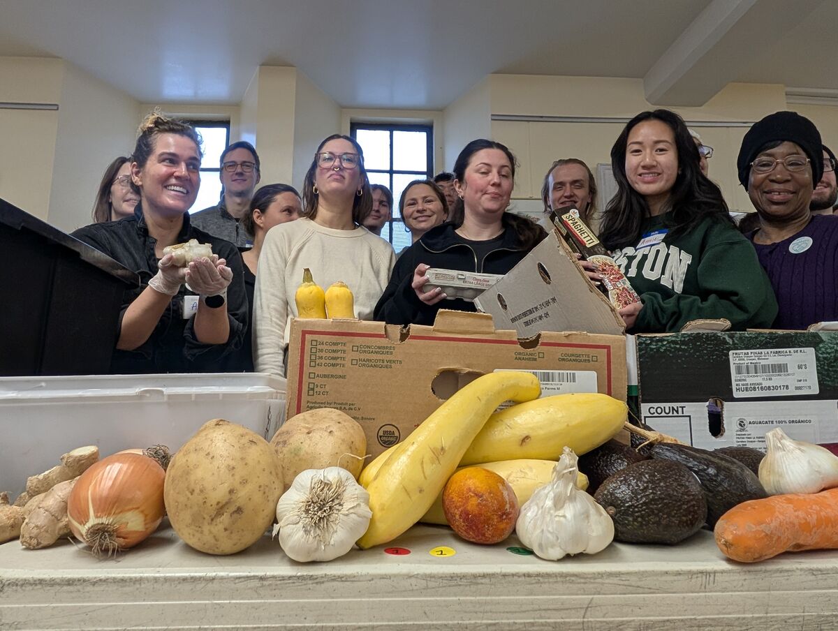 Fresh produce including squash, onions, and bananas available to take home